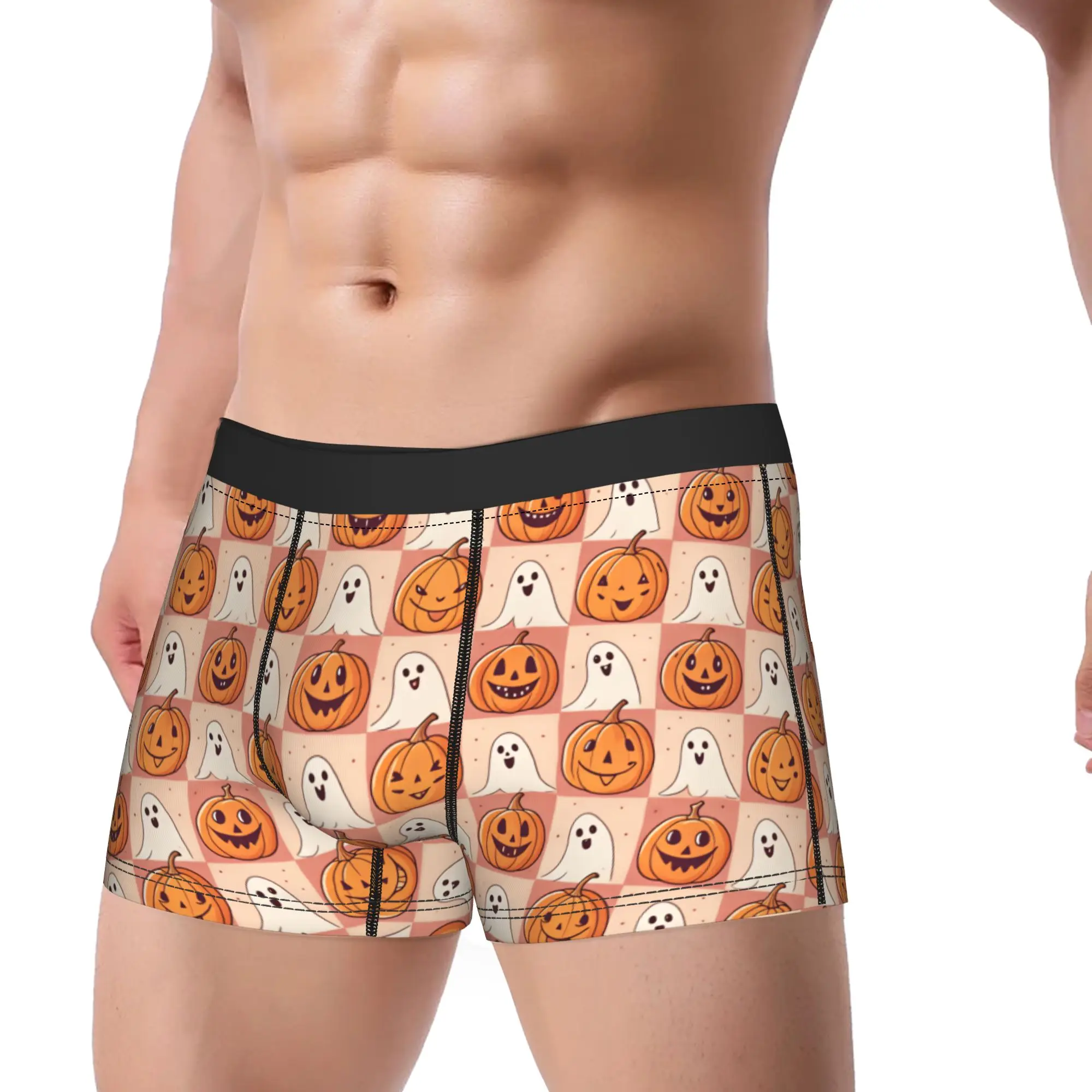 Halloween Checkerboard Pumpkin Ghost Seamless Pattern Underwear  Men Panties Print Novelty Boxershorts Hot Sale Boxer Brief