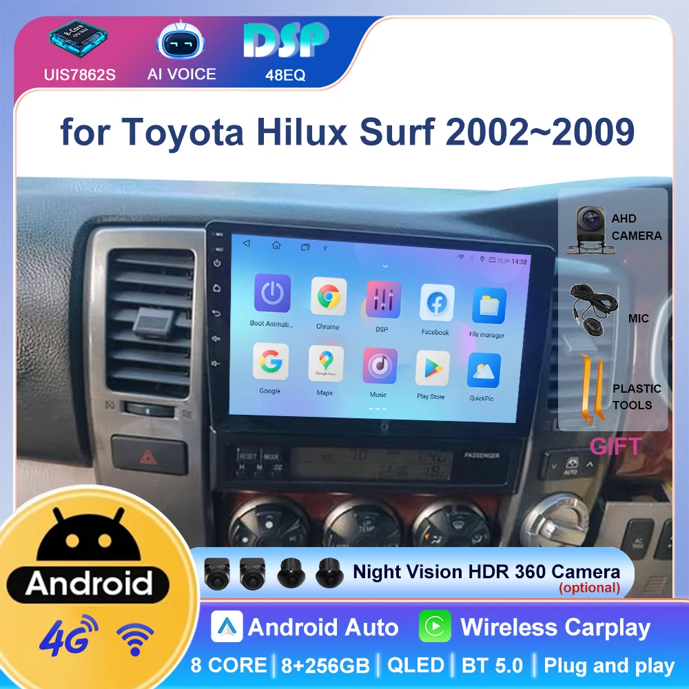 

8-Core 9 Inch WIFI Android Touch Screen Car Multimedia Radio for Toyota Hilux Surf 2002~2009 BT FM GPS Split Screen