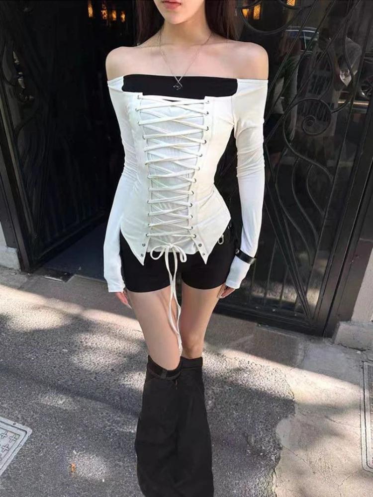 Y2k French Elegant Patchwork Lace Up Slim Sexy Long Sleeve Autumn Women Tees 2000s American Vintage Slash Neck T Shirts Chic