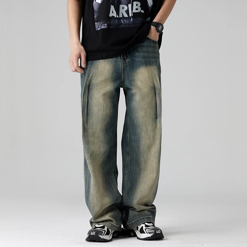 Wide leg jeans men's loose straight leg retro blue high-quality trendy brand full length pants streetwear jeans for men