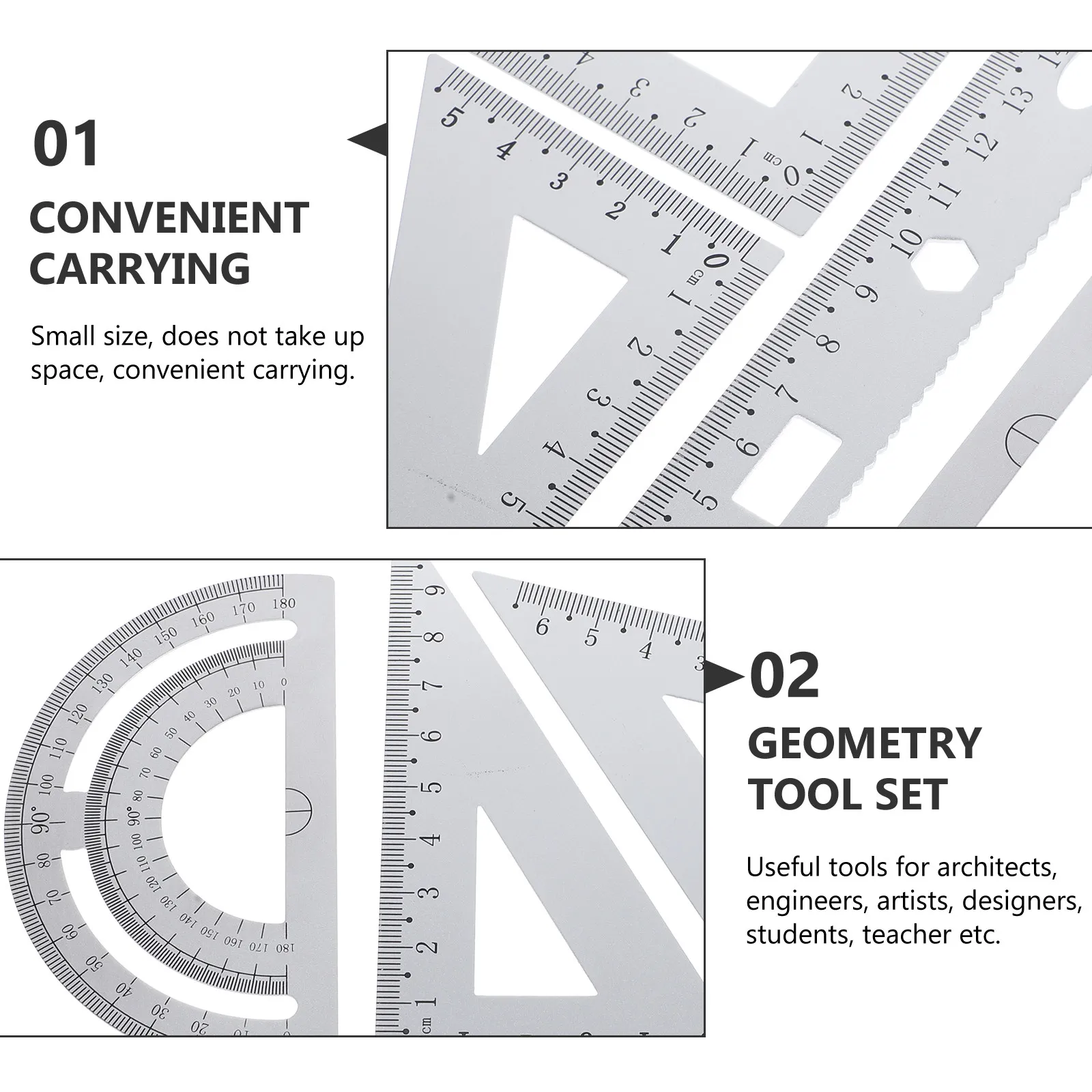 1Set Metal Ruler Triangle Plate Protractor Set Compact Portable Stationery Set Straight Edge Measuring Tools for School Use