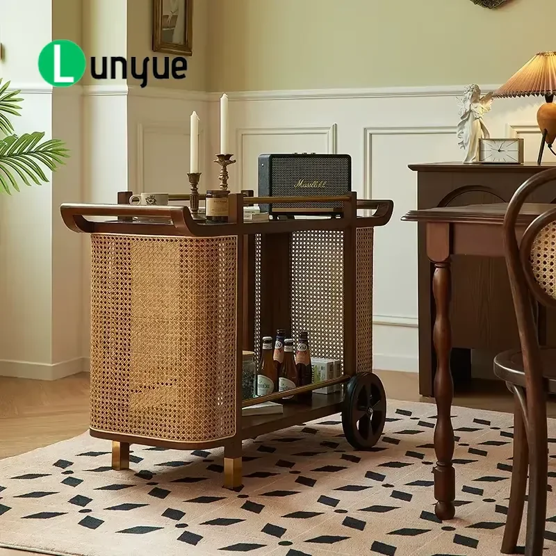 Custom Retro Ash Wood Rattan Movable Food Truck Bar Cart with Reinforced Glass for Home Hotel Commercial Use