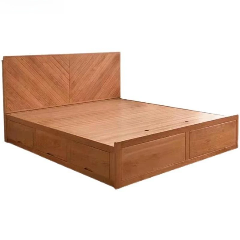high box storage air pressure bed, large capacity cherry wood fish bone bed frame with drawers Nordic bedroom wabi sandy wind