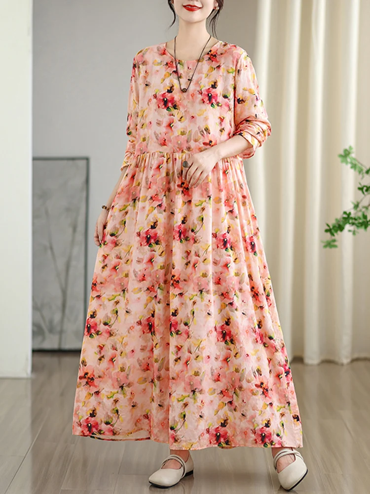 2023 frühling Herbst Neue Langarm Baumwolle Floral Vintage Lange Kleider Für Frauen Casual Lose Elegante Kleid Femme Robe Kleidung