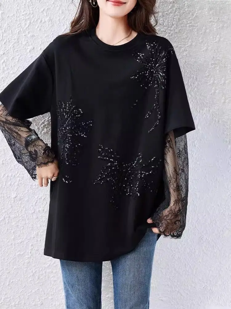 Women's Fashion Round Neck Loose Sequins Patchwork Lace T-Shirt Summer 2026 New Plus Size Slim Fake Two Piece Top