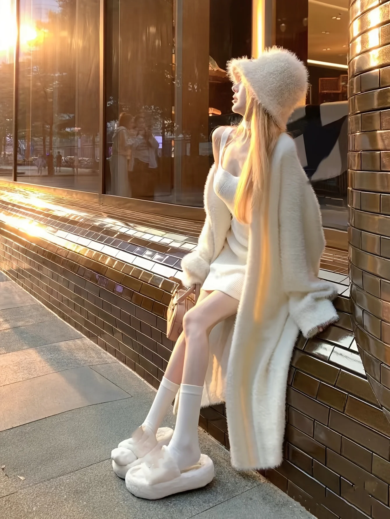 Autumn Winter Lazy Loose Mid-Length Lapel No-Button Sweater Jacket Casual Korean Chic Gentle Temperament White Cardigan