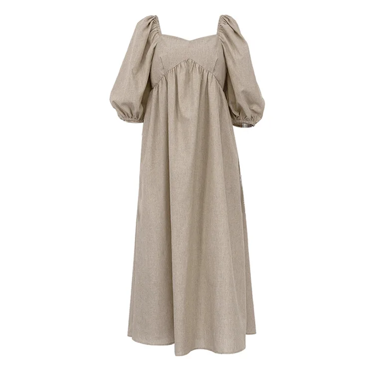 Jastie Summer New Cotton And Linen Long Dress Women French Square Neck Puff Sleeve Dresses Elegant Loose Solid Big Swing Dress