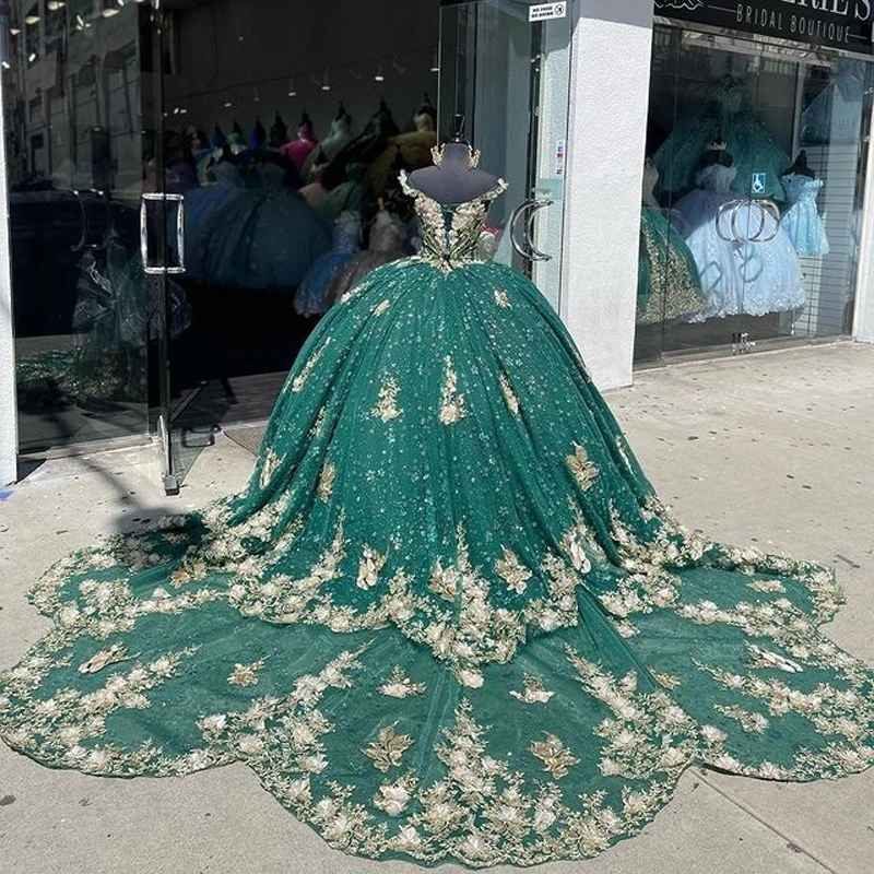 EVLAST-vestido De quinceañera verde esmeralda para niña, vestido De baile para niña De 16 Años, apliques dorados con cuentas, dulce 16 15, TQD004