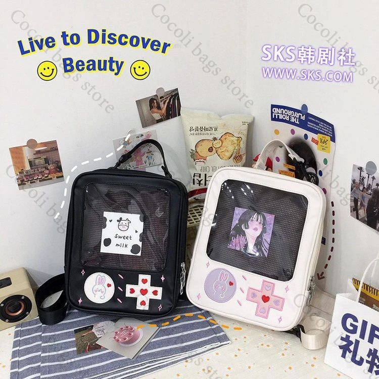 

Рюкзак Kawaii Itabag с прозрачным карманом и вышивкой, женская сумка Ita, женские сумки, женский рюкзак из искусственной кожи