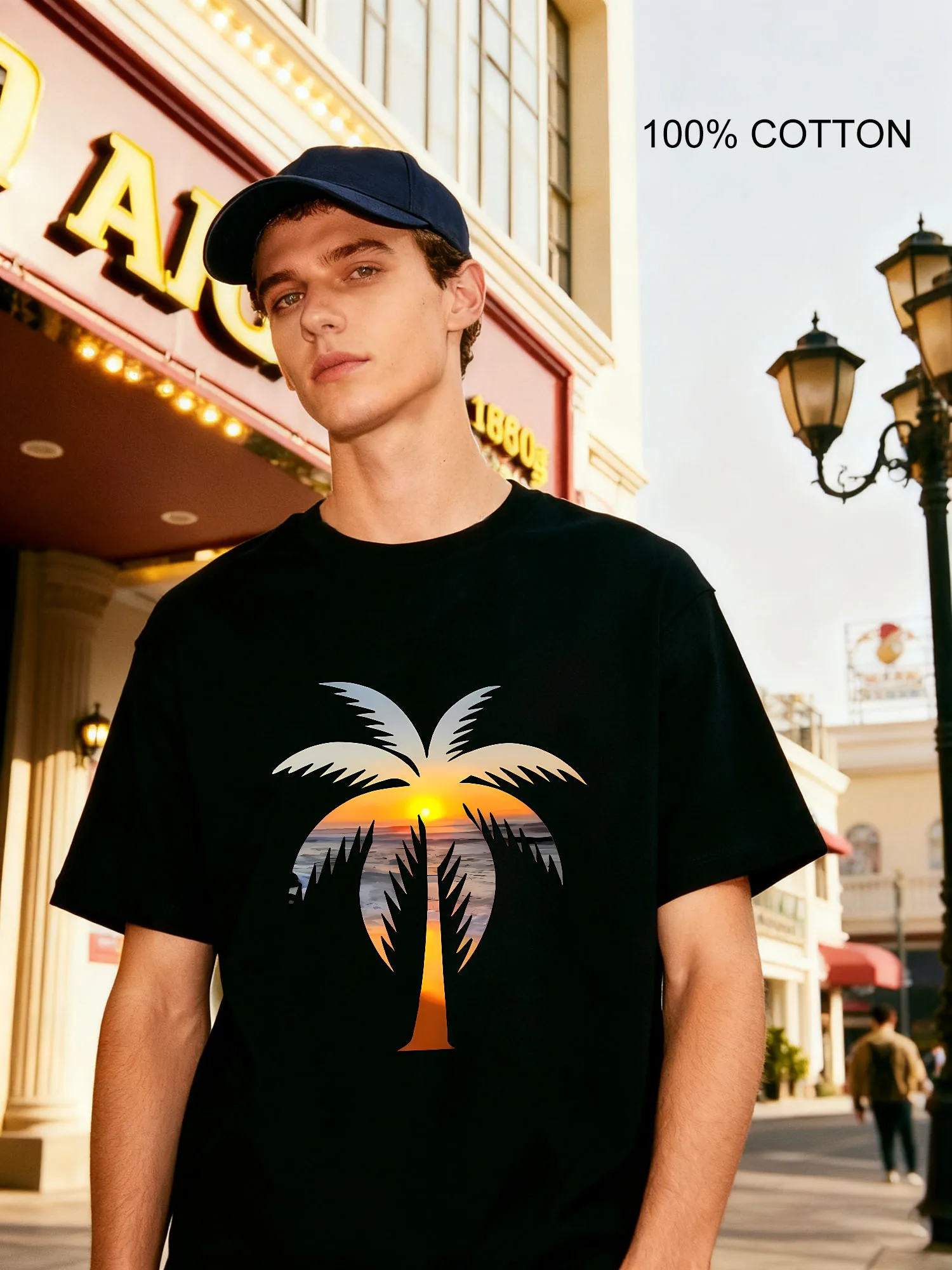 

Tropical Palm Tree Sunset Graphic Men's T-Shirts Casual Design Crew Neck T-Shirt 180g Street 100% Cotton