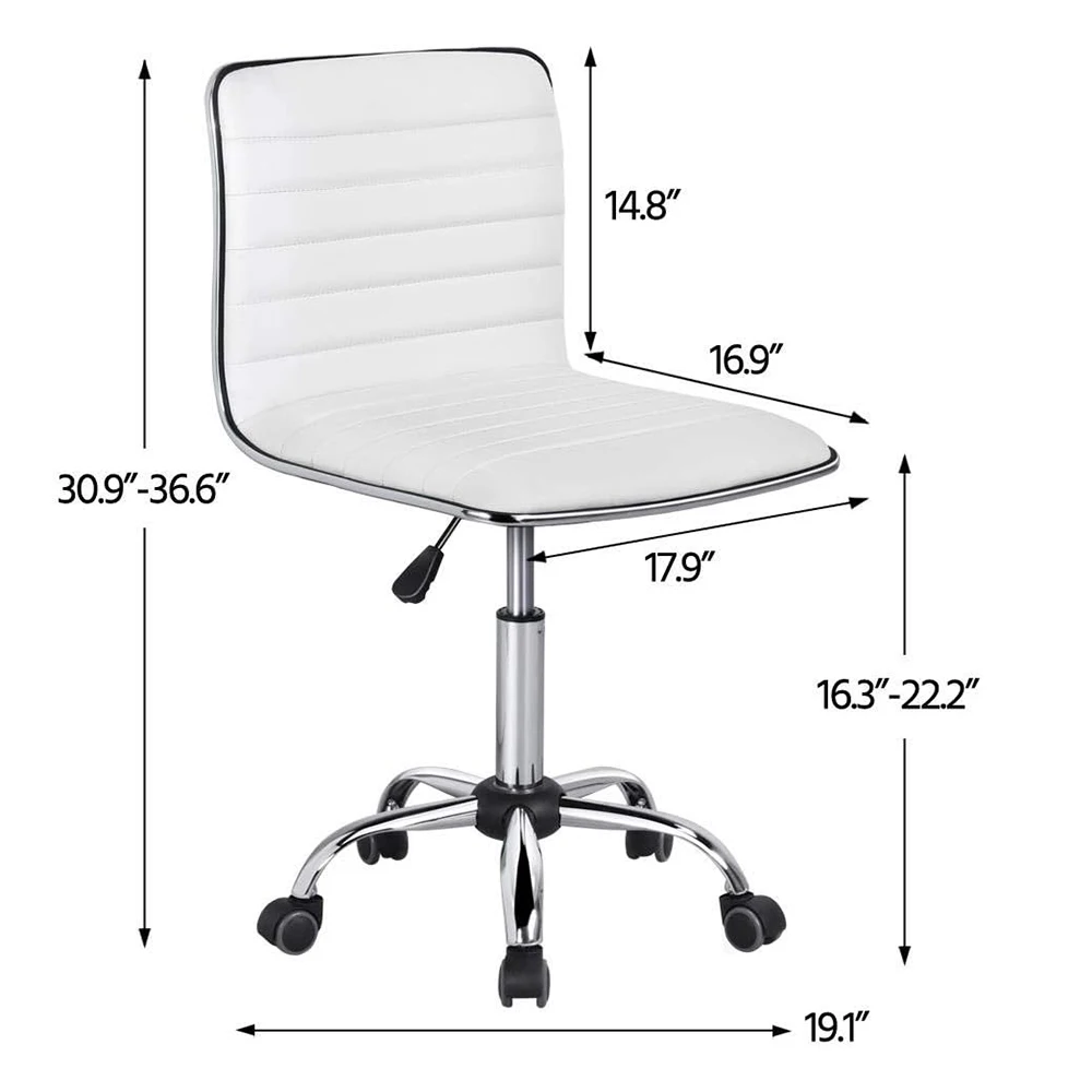 Leather Office Task Chair, Low Back Ribbed Chair, Armless Swivel Desk Chair Office Chair with Wheels, White - view 2