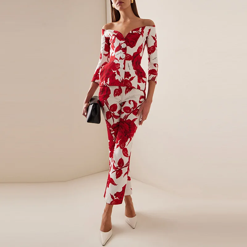 

2024 Europe and the United States spring and summer new star fashion one-shoulder seven-point sleeve nine-point trouser suit