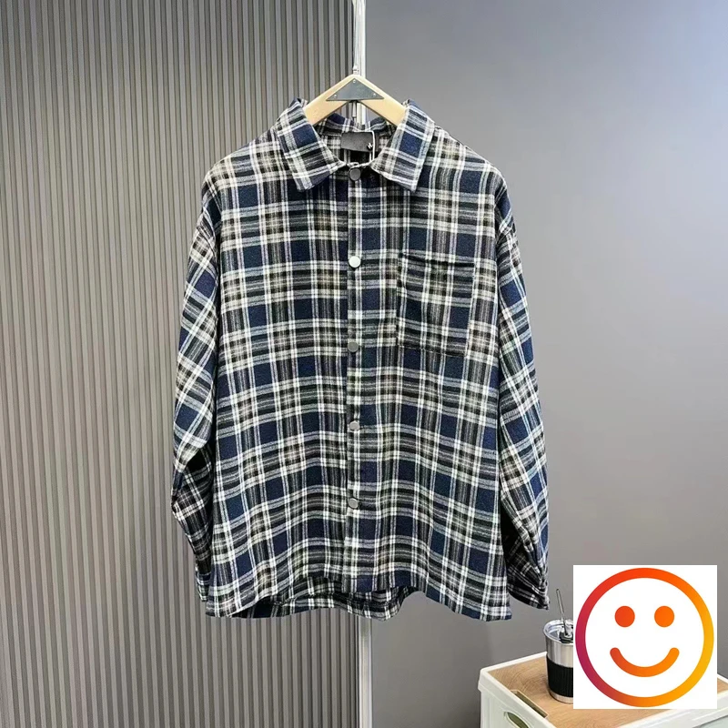 Camisa de manga comprida listra colorida xadrez masculina e feminina, toalha traseira bordada padrão High Street Casual solta em forma de V, melhor