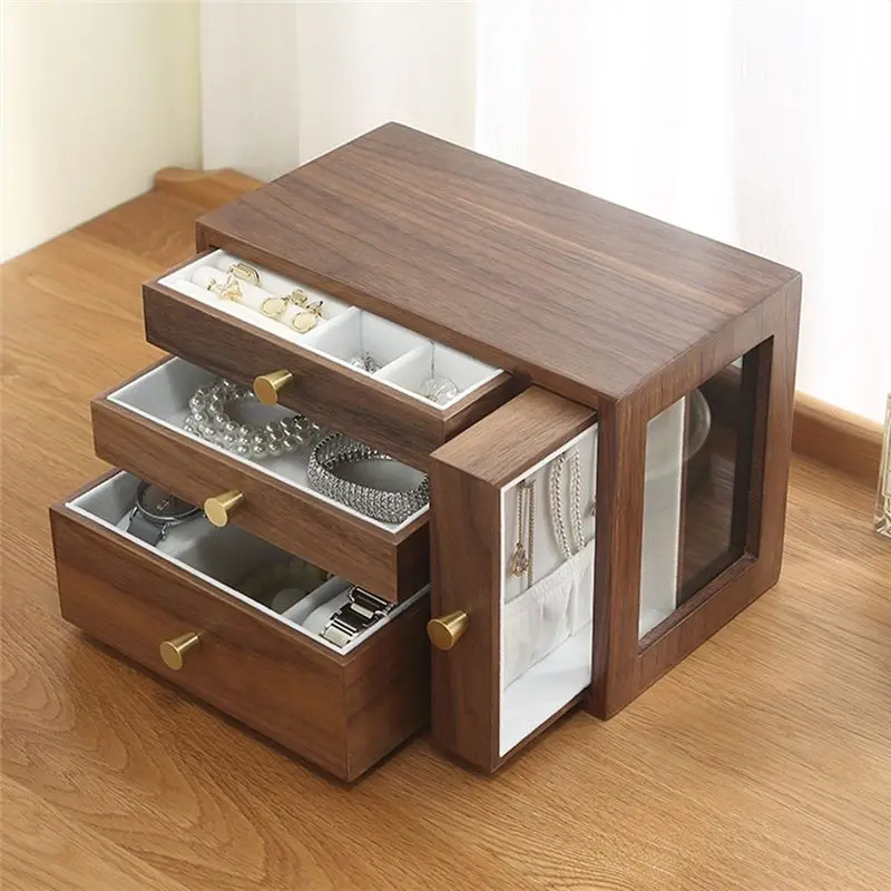 B84B Wooden Jewelry Box Ring Box Gift Box for Wedding Solid Wood with Mirror 4-Layer Drawer Storage for Earrings Necklace
