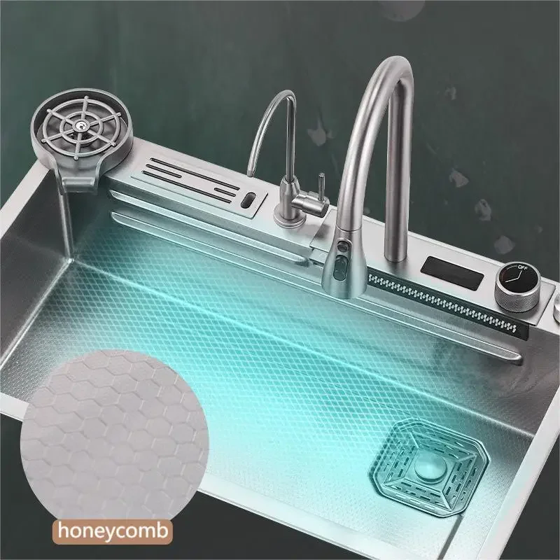 Fregadero de cascada de acero inoxidable 304 para cocina, grifo grande de una sola ranura con toque multifunción, sobre la encimera
