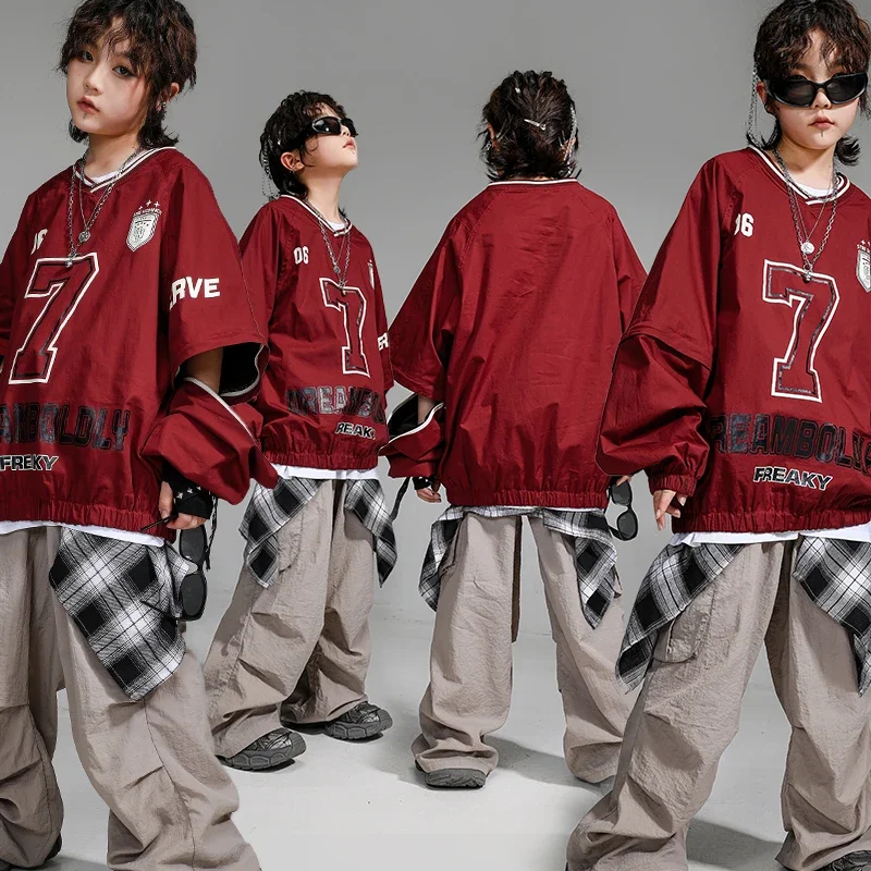 Meninas hip hop vermelho moletom dança de rua camuflagem calças de carga meninos k-pop pullovers crianças jazz conjuntos roupas criança streetwear