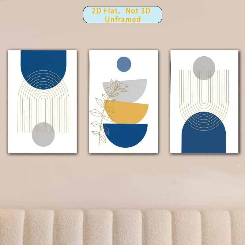 2D Flat, 3pcs, 2D Flat, Frameless, 3pcs Frameless Minimalist Canvas, Fresh Space Artist Highlight Yellow and Gray, Navy Blue,