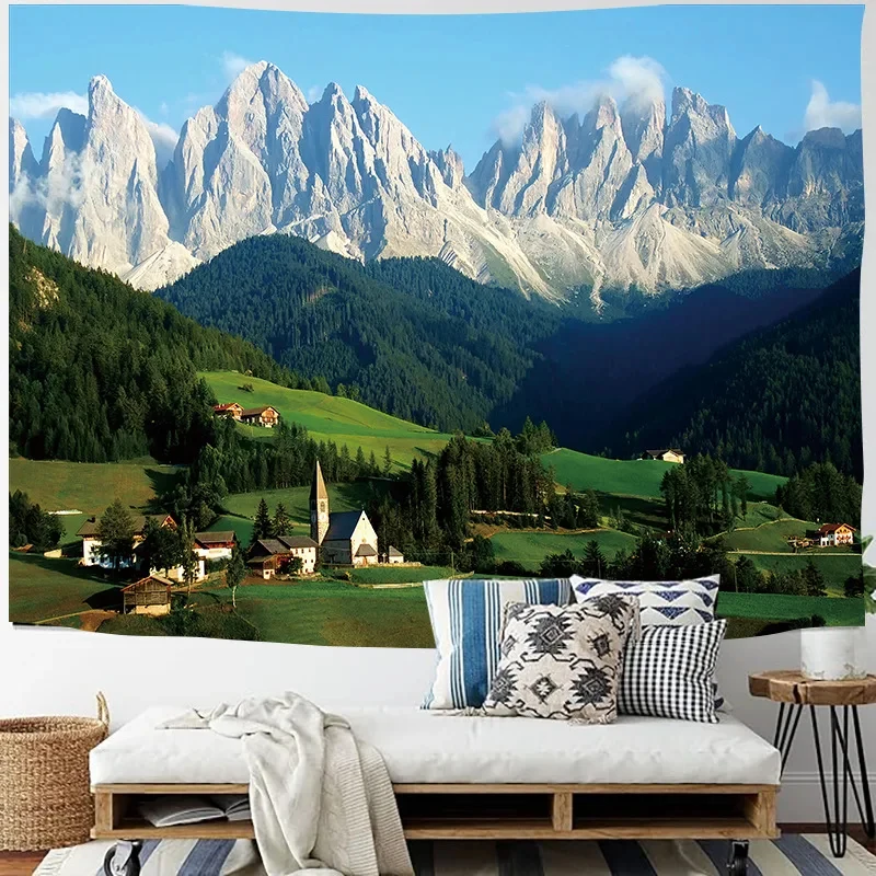 Alpine Mountain Village Tapestry Dolomite Peak Green Valley Nature Scenery Wall Hanging Decor for Bedroom Living Room