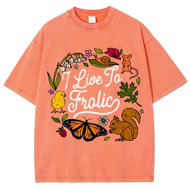 Hamster Butterfly Squirrel Flower Wreath Print T-Shirt Old Trend Oversize Neutral Style Round Neck Sleeve Short Sleeve