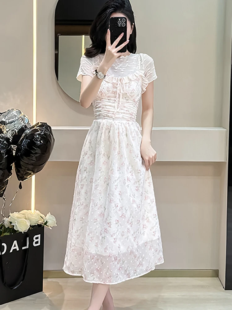 Letnia sukienka na ramiączkach z żakardu w kwiaty z szyfonu, elegancka, z falbankami + koronkowe koszulki, dwuczęściowe zestawy damskie, nowe koreańskie eleganckie komplety sukienek, lato 2025