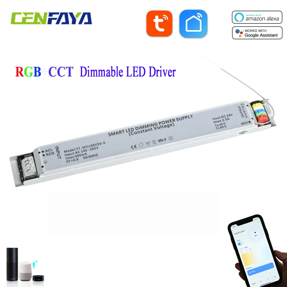 

CENFAYA 60W Dimmable RGBCCT LED Driver DC 24V Power Supply Work With WIFI Tuya Smart Life App Control For COB RGBCCT LED Strip