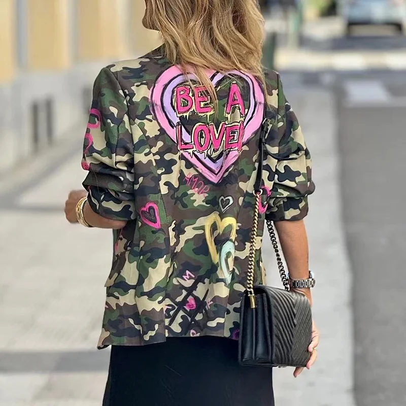 Dames Retro Camouflage Singles Breasted Commuter Jacket Elegant Casual Bloemenprint Lange mouwen Jassen Tops Herfst Uitloper