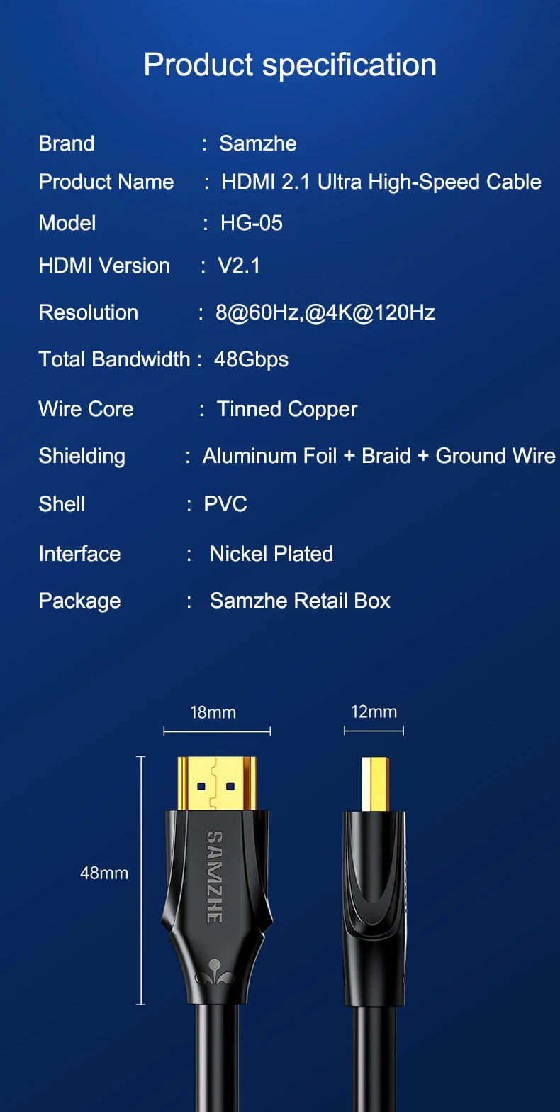 Samzhe hdmi 2,1 kabel 8k/60hz 48gbps digitale kabel hdmi 2,1 kabel splitter für hdr10 ps5 schalter kabel hdmi 2,1 – Detail 13