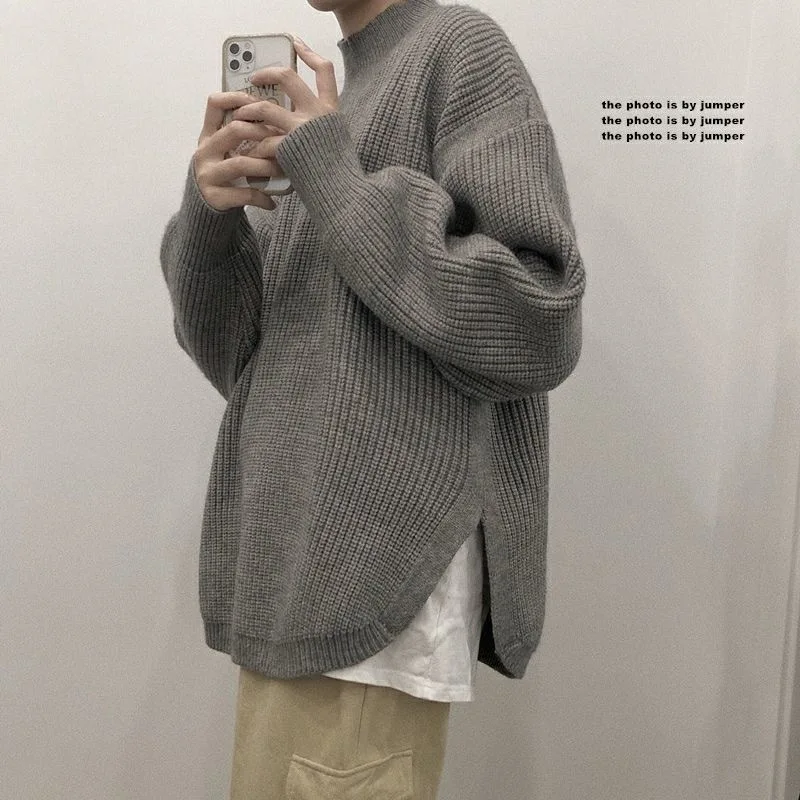 Autumn Winter Solid Mock Neck Side Split Knit Sweater Men's Casual Base Layer Top