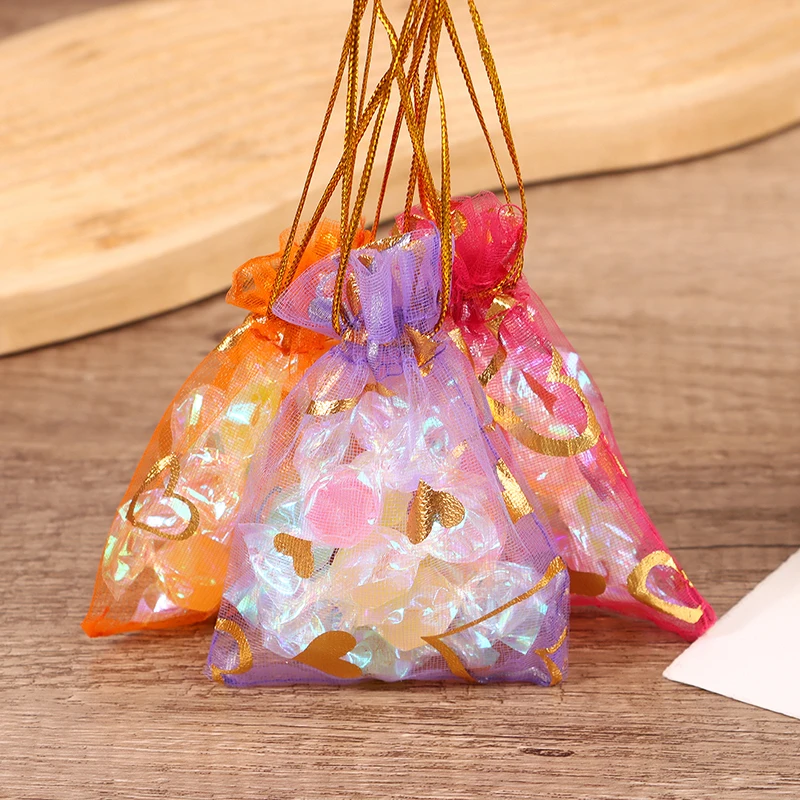 10Pcs 7*9CM Hearts Design Organza Gift Bags Drawable Wedding Party Decoration Gift Bags Pouches Jewelry Candy Packaging Bags