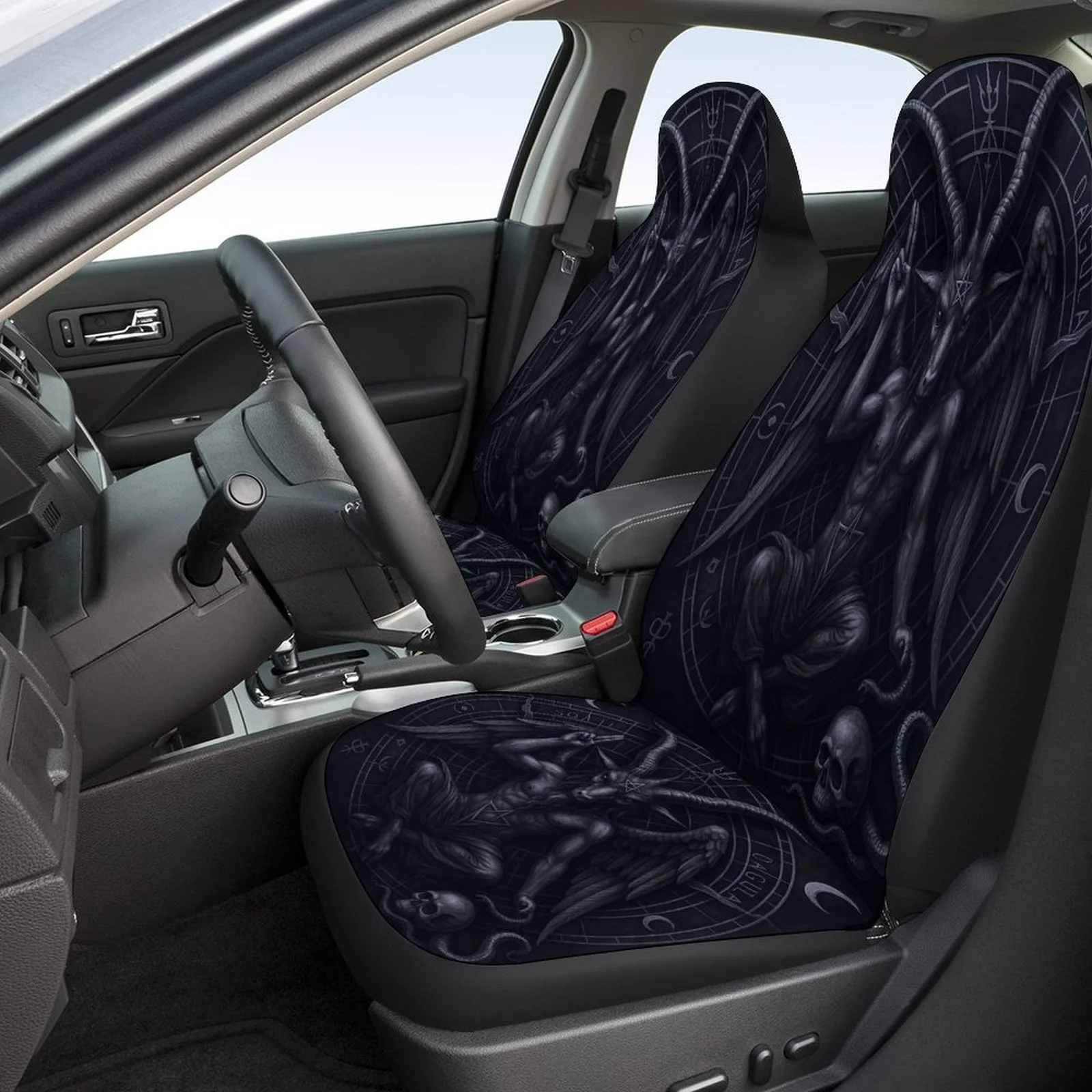 Set Of Car Seat Covers Featuring Baphomet Illustrations, Suitable For Various Vehicles. Stylish And Unique, This Complete Set In