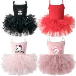 Anime Kawaii Hello Kitty Kuromi My Melody Girls Summer Sleeveless Dress Sanrios Children Princess Ballet Shiny Fluffy Mesh Skirt