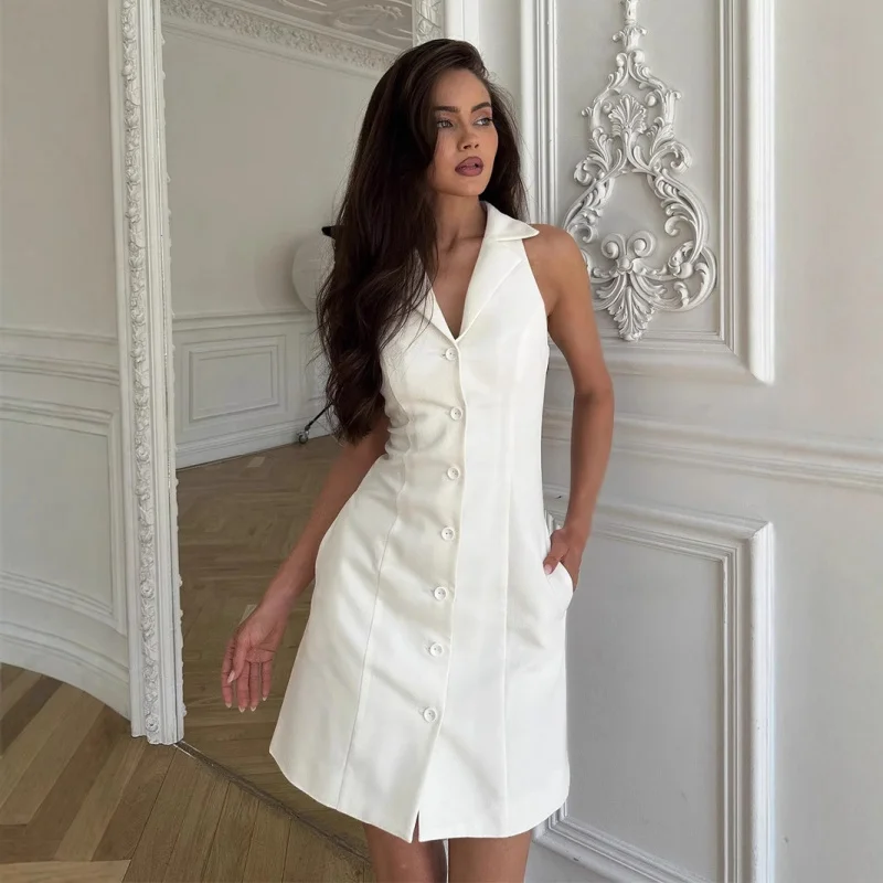 

New white halter neck dress 2025 summer new turn-down collar button short dress high waist dress