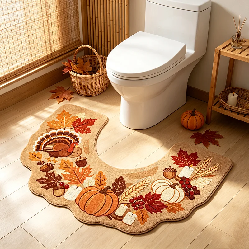 Harvest Thanksgiving U‑Shaped Toilet Bath Mat Irregular Bathroom Floor Mat with Turkey Pumpkin Maple Leaf Festive Vibe Plush Rug