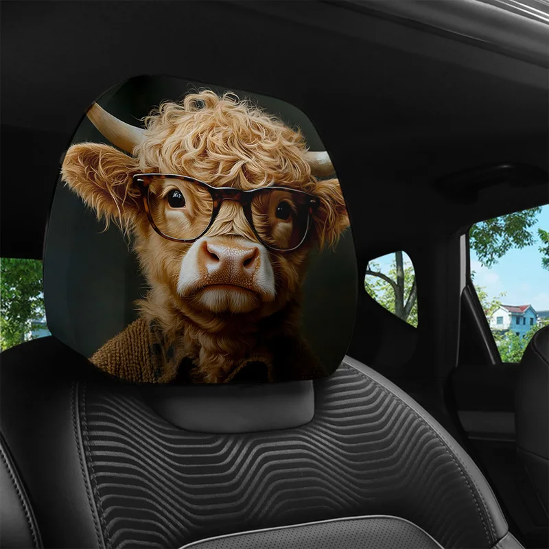 1/2 Pcs Car Headrest Covers, Funny Highland Cow Wearing Glasses Print, Novelty Car Seat Interior Accessories