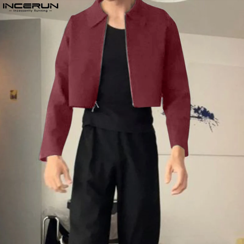 INCERUN Fashion Casual Style Coat New Men's Solid Cropped Zipper Jackets Handsome Male All-match Long Sleeved Jackets S-5XL