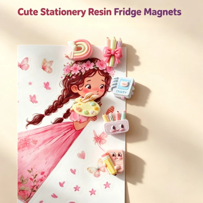 6pcs Kawaii Art‑supply Resin Refrigerator Magnet Rainbow Pencil Notebook Decorative Fridge Sticker Household Ornament