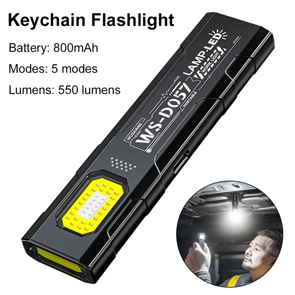 مصباح يدوي صغير بسلسلة مفاتيح LED USB-C قابل لإعادة الشحن 800Lm مصباح شعلة محمول للجيب ضوء عمل بدون استخدام اليدين مع مغناطيس