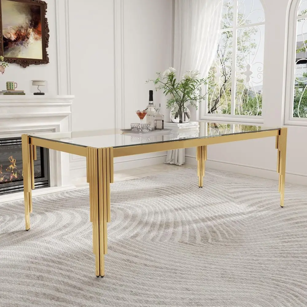 

Elegant Tempered Glass Dining Table for 6-8, Stainless Steel Base, Modern Glass & Gold Accents
