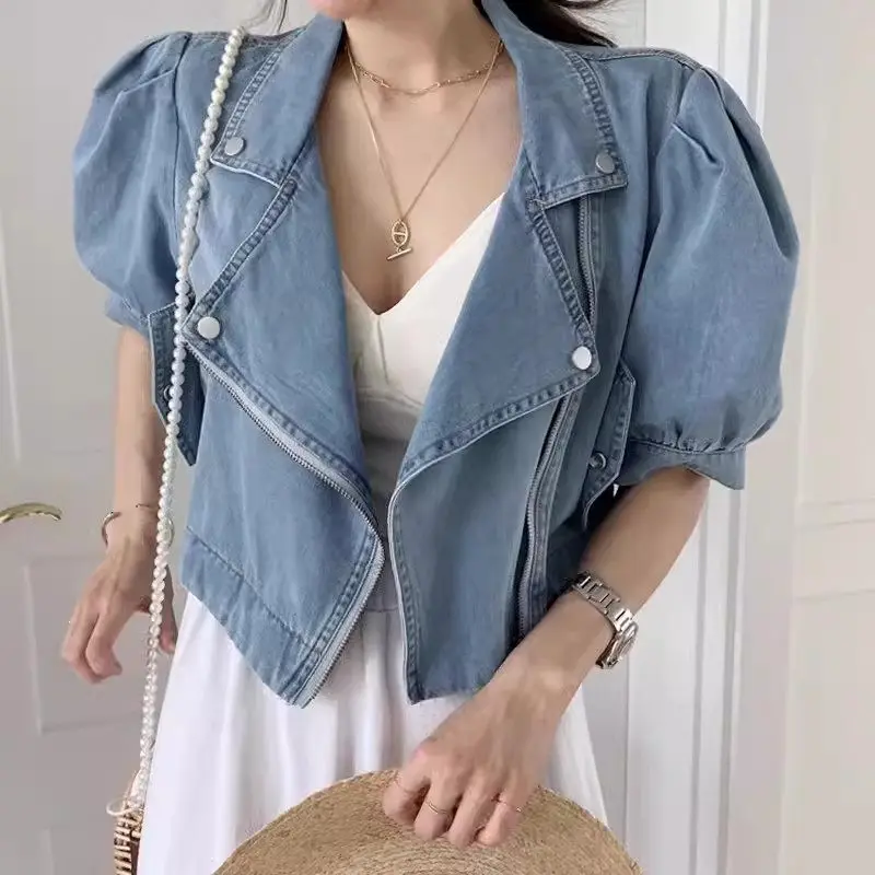 

Korean Crop Coat 2024 Summer Retro Versatile Suit Collar Loose Casual Zippered Short Sleeve Denim Jacket For Women K1113