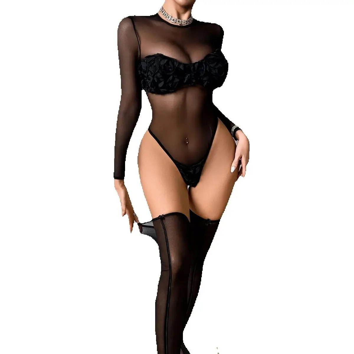 

Women's Sexy See-through Long Sleeve Bodysuit Solid Black One Piece Erotic Skinny Romper with Stockings
