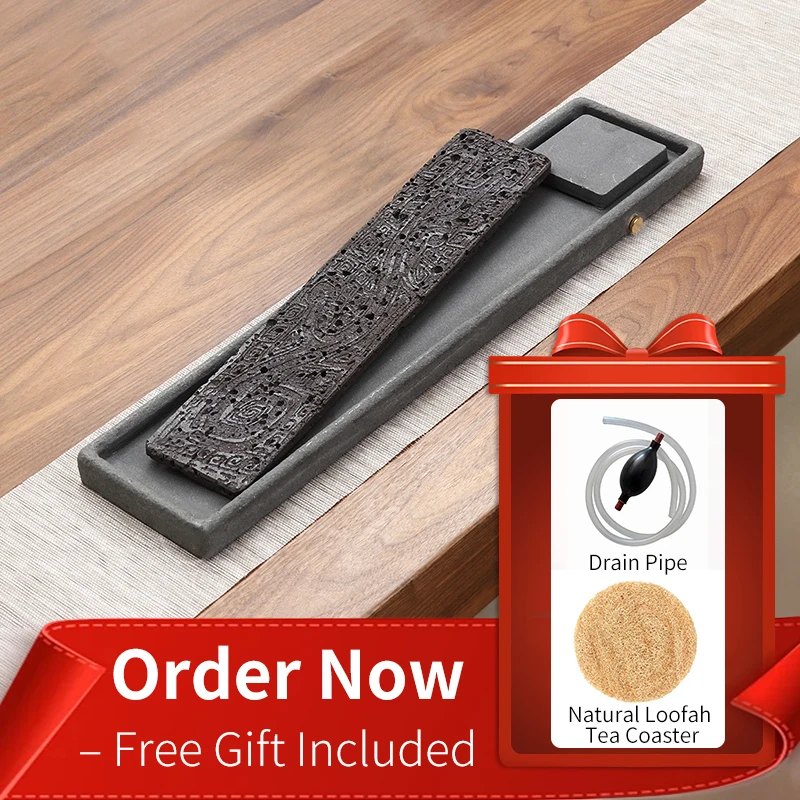 Basalt Tea Tray 60x15cm Detachable Natural Volcanic Stone Hand Carved Dragon Dry Brew Drain Kung Fu Tea Home Decor Festival Gift