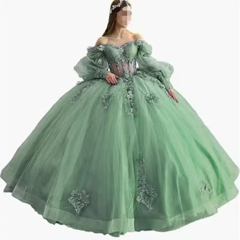 Off the Shoulder Floral Appliques Quinceanera Dress A Line Puffy Sleeve Sweet 16 Debutante Party Birthday
