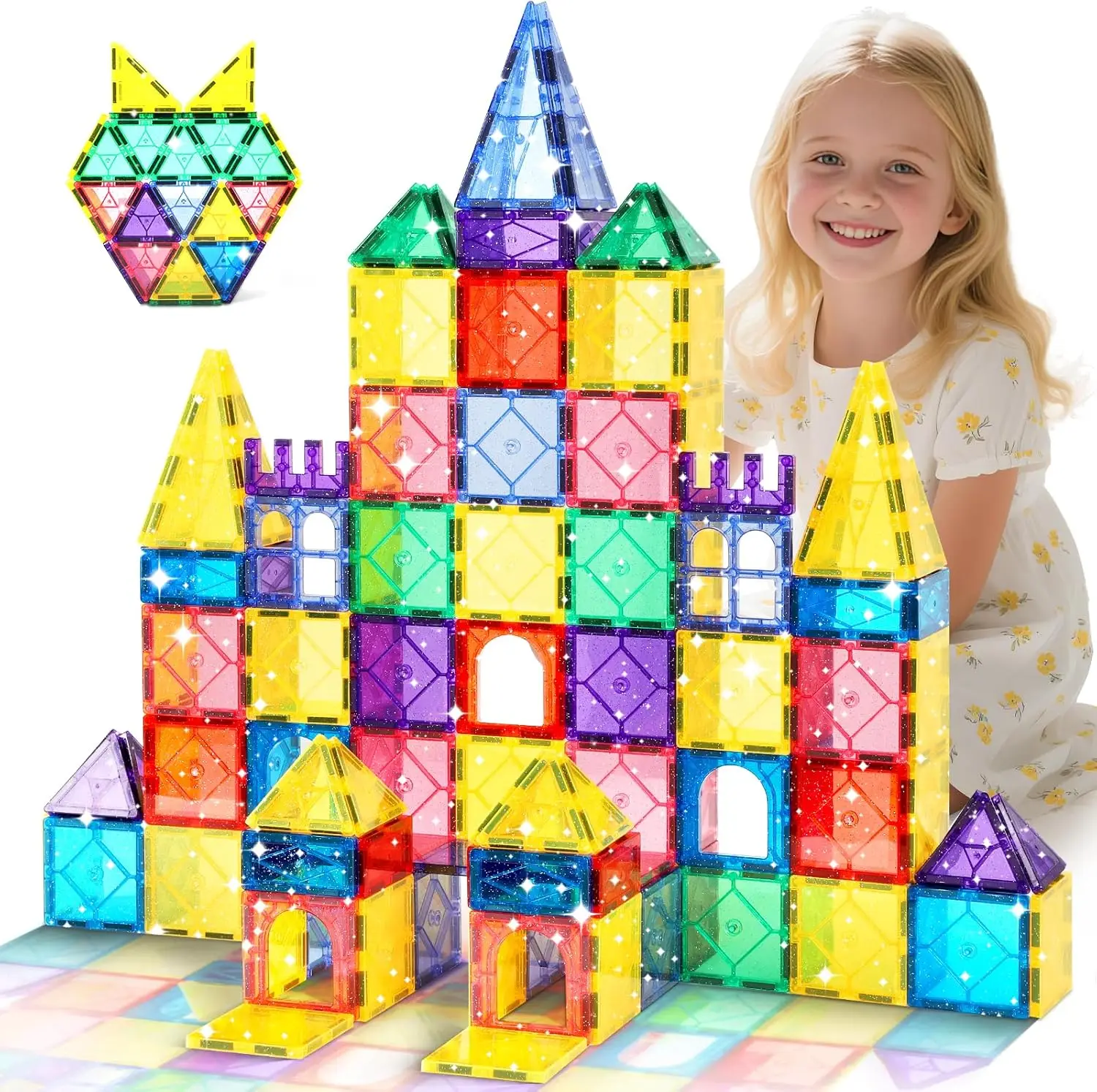 

100 Magnetic Tiles with Glitter, STEM Building Blocks for Ages 3-8, Sensory Learning Toys