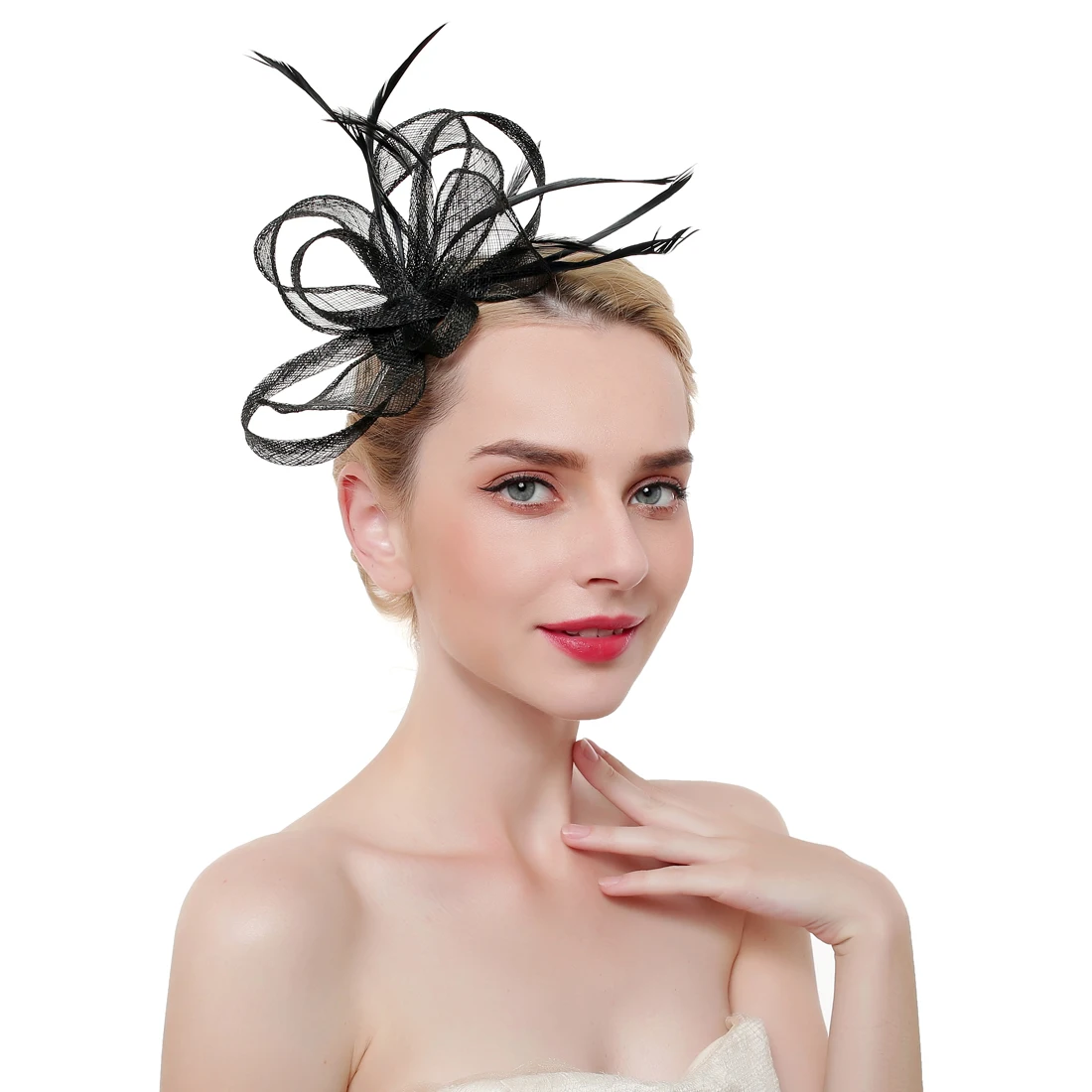 

Women Elegant Fascinator Hat Hair Clips Flower Feather Mesh Yarn Cocktail Party Wedding Hair Accessories