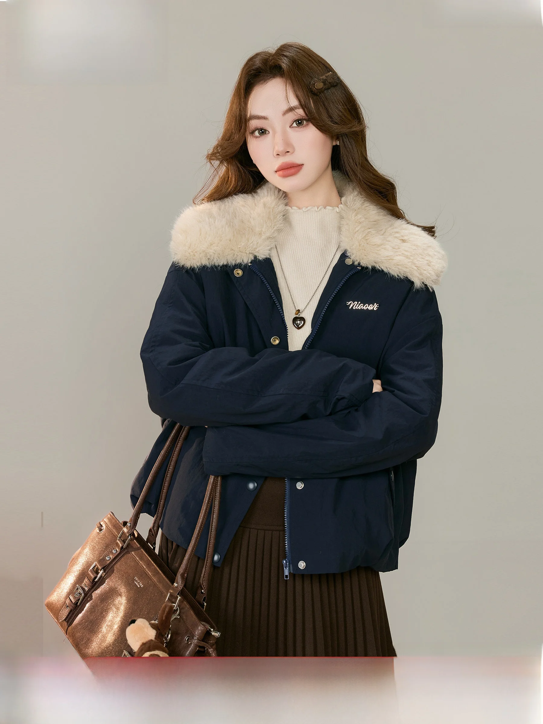 

Lingjiu Winter New Sle ort Loose Cotton Jaet Women's Small Size Fur Collar Warm ort Cotton Coat Commute Sle Zipper ...