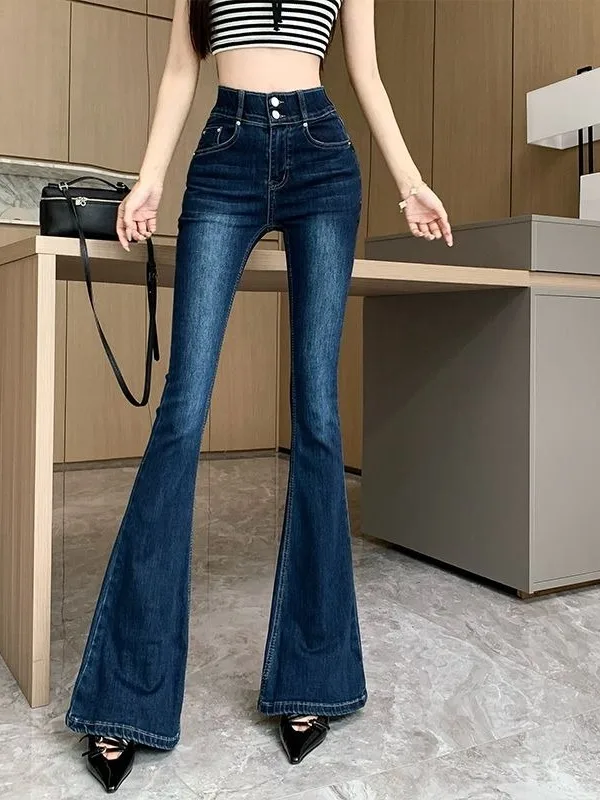 Extended Size Deep Blue Bell Bottom Jeans Women's Summer Slimming High Waist Bootcut Long Trousers Comfortable Cotton Stretch...