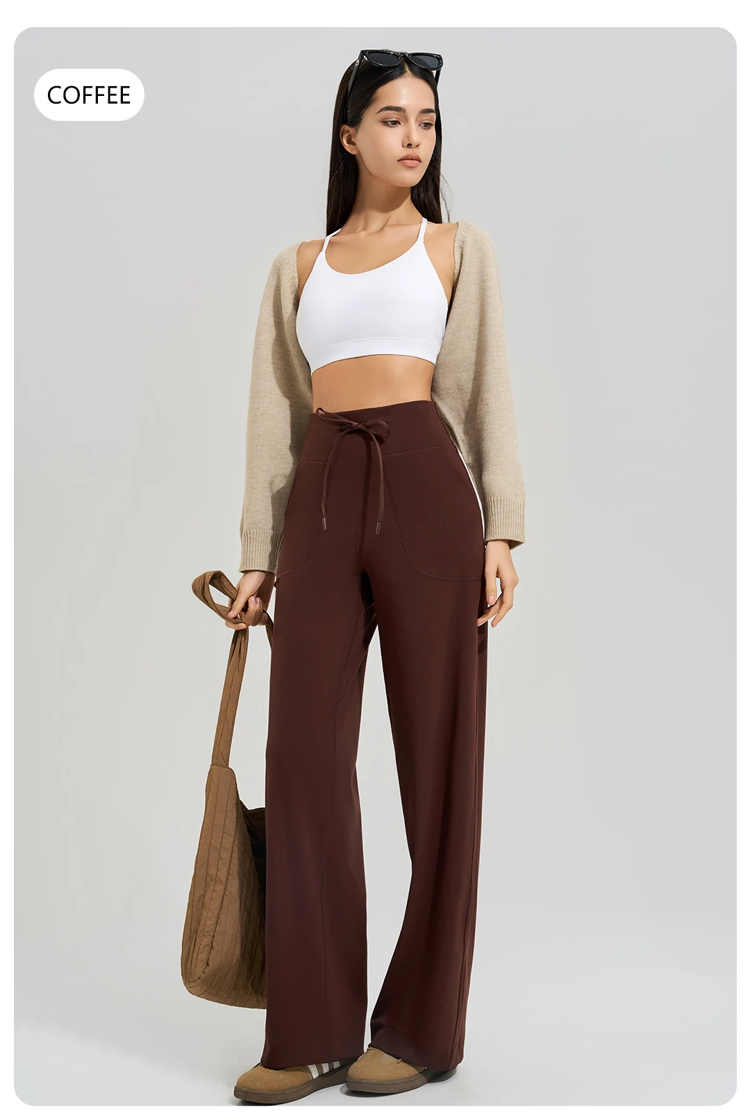 Damen-Yogahose mit hoher Taille, für Fitnessstudio, lockere Lauf-Yogahose, doppelseitig gebürstet, mit Taschen, Hosen, Krawatten – Detail 15
