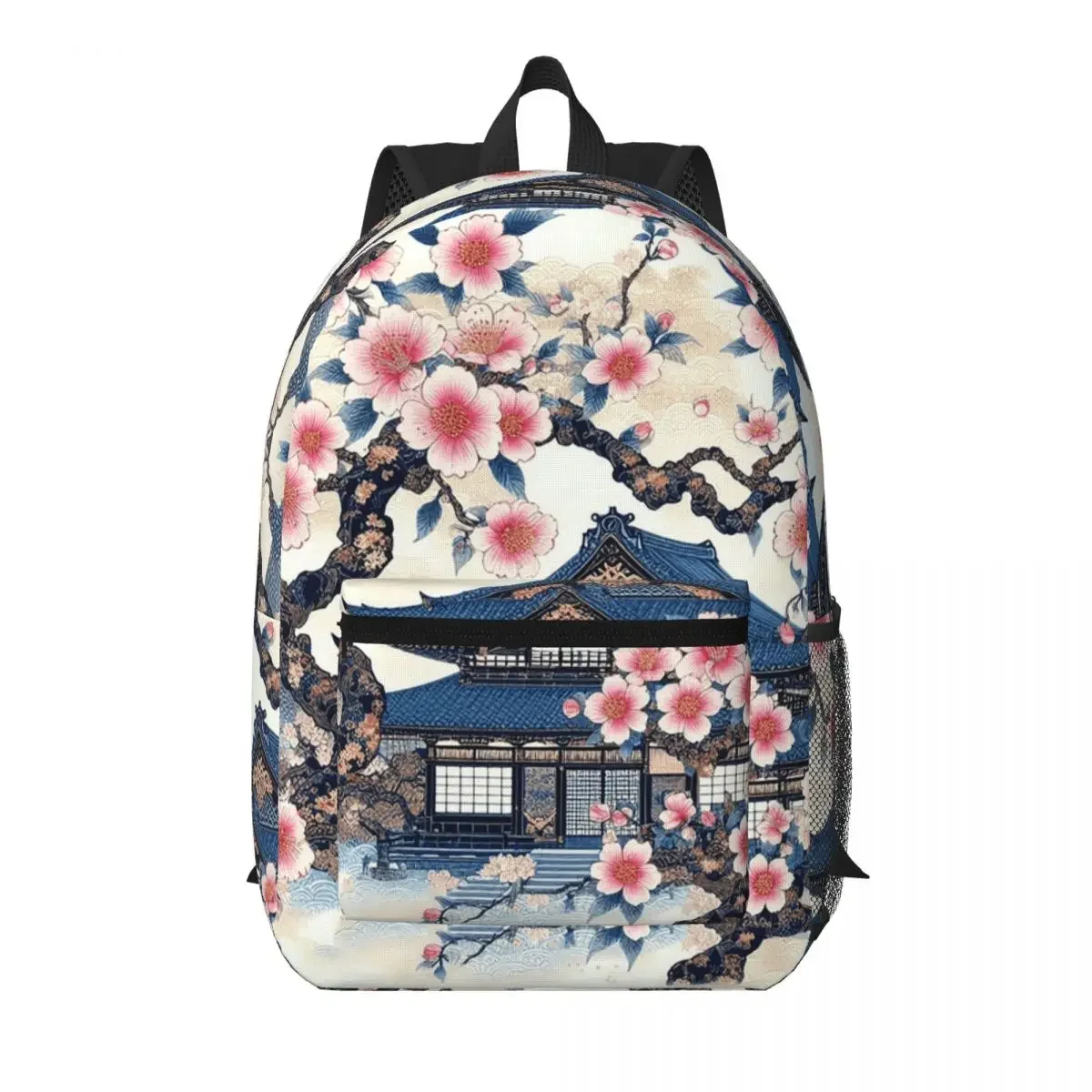 Traditional Asian Architecture With Cherry Blossoms Student Backpack School Bag Hiking Travel Daypack Bookbag Shoulder Bags