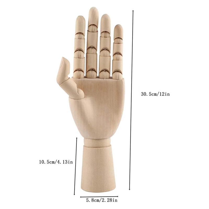 PWS Wooden Hand Model, 2 PCS, 12 Inches Left And Right Hand Art Mannequin Figure With For Hand Jewelry Display, Decoration