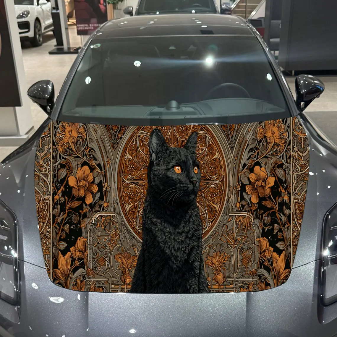 

Black Cat with Mysterious Floral Pattern Car Hood Vinyl Stickers Car Surface Protection Decal Car Decoration Cover Vinyl Wraps W